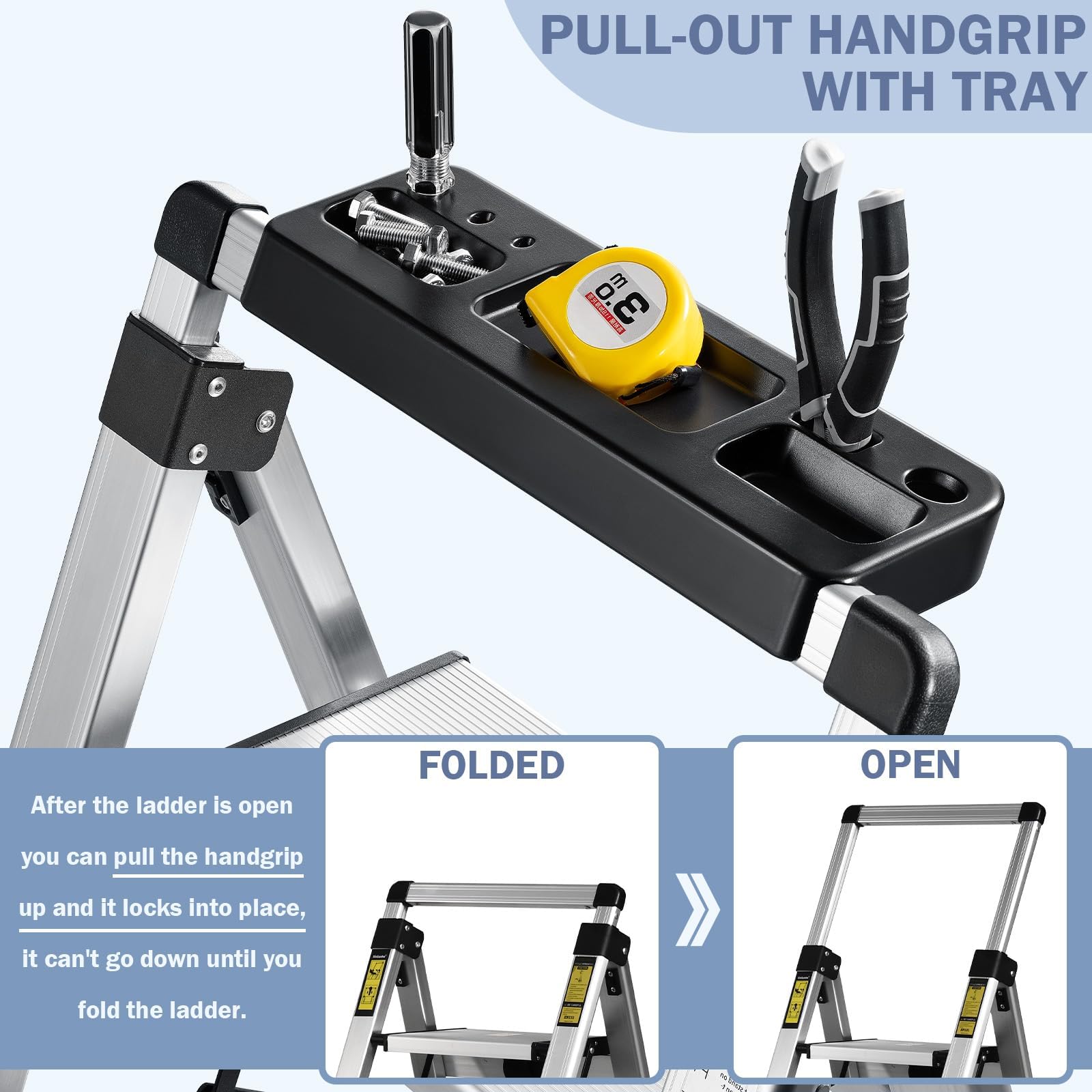 XinSunho Stufenleiter, Klapptritt 3 Stufen mit Ausziehbarem Handlauf, Aluminium Tritthocker, rutschfeste Tragbare Leiter für Haus und Büro, Belastbar bis 150 kg