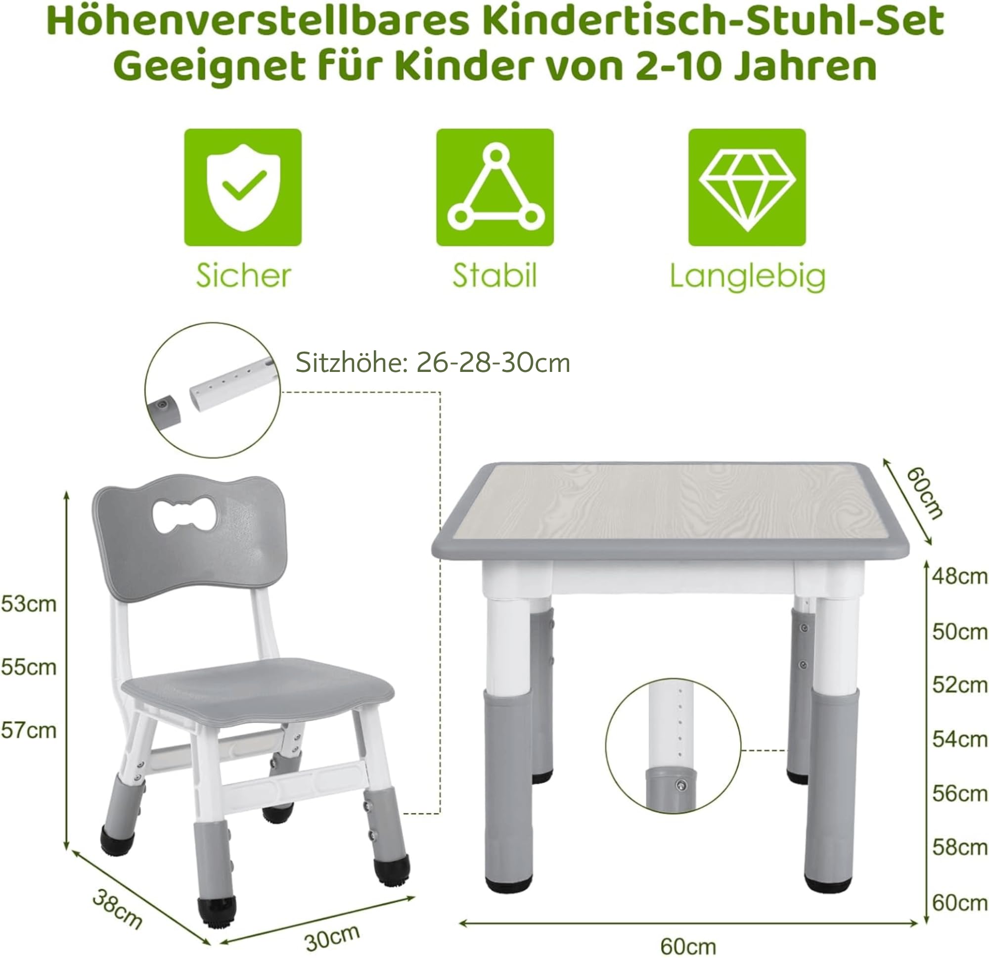 Kindertisch mit 2 Stühlen, Kindersitzgruppe Höhenverstellbar Packung, Tisch Stuhl Set für Kinderzimmer, Plastik Kindermöbel, Sitzgruppe für Jungen Mädchen ab 3 Jahre (Grau, Quadratischen Tisch)