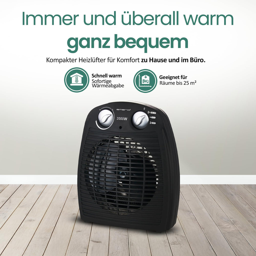 Emerio FH-106737.2, Note 1.5, kleiner kompakter portabler Heizlüfter für 25 m², 2 Heizleistungen + Ventilatorfunktion, verstellbarer Thermostat, Sicherheitsschalter, Handgriff, 2000 Watt, Anthrazit