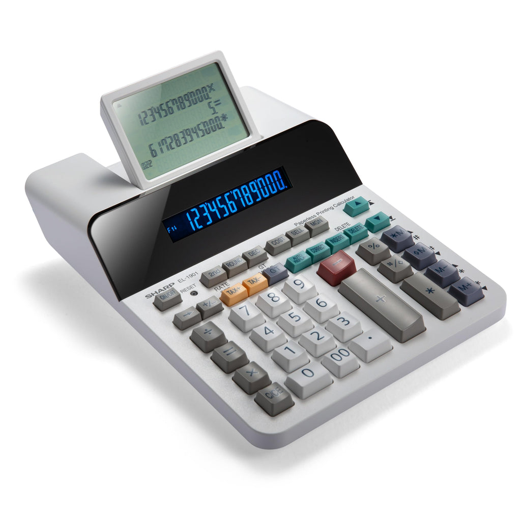 Sharp EL-1901 Anzeigender Tischrechner (Paper& Ink-Free, 12-stelliges und 5-zeiliges LCD Display) Weiß, 193 x 66 x 254 mm