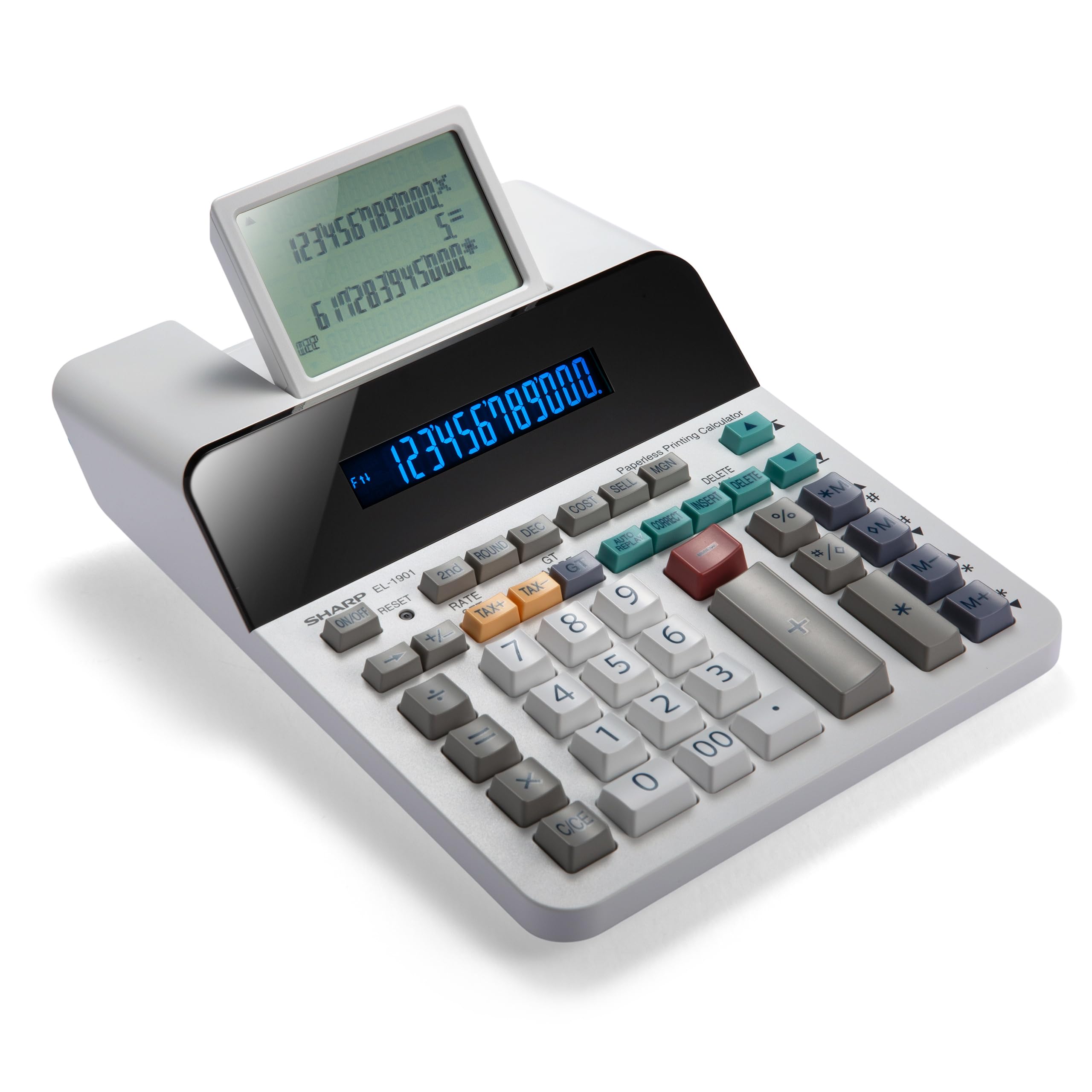 Sharp EL-1901 Anzeigender Tischrechner (Paper& Ink-Free, 12-stelliges und 5-zeiliges LCD Display) Weiß, 193 x 66 x 254 mm