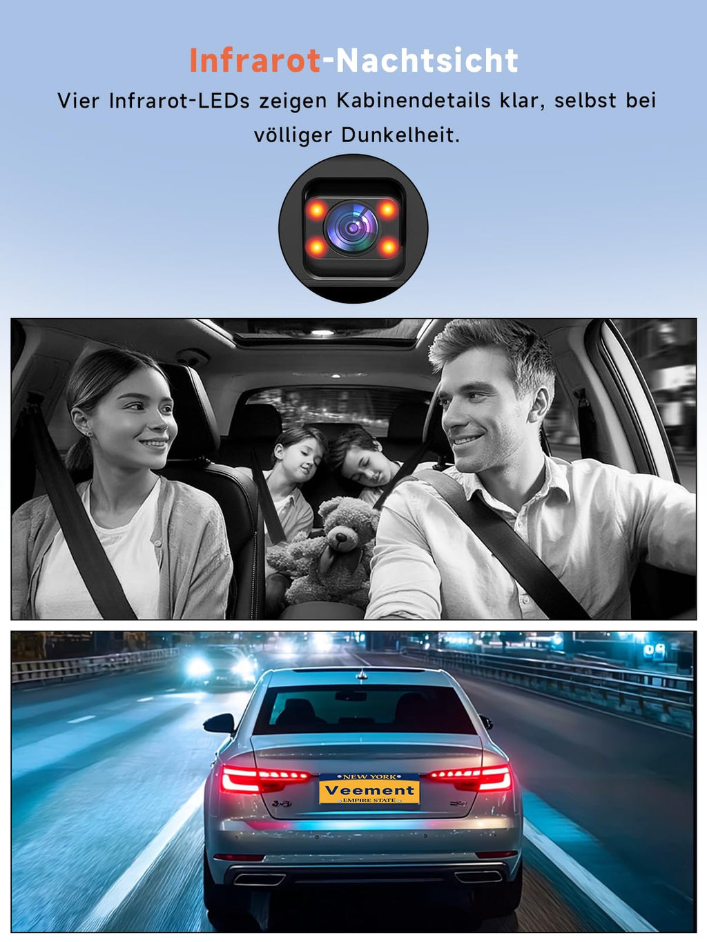Veement Dashcam Auto Vorne Und Innen 2,5k+1080p, Mini Dash Cam Auto Kamera Mit 32-GB-Karte, Super-Nachtsicht, 4 IR-LEDs, 165° Weitwinkel WDR, G-Sensor, Loop-Aufnahme, 24H Parkmodus (Dunkelschwarz)