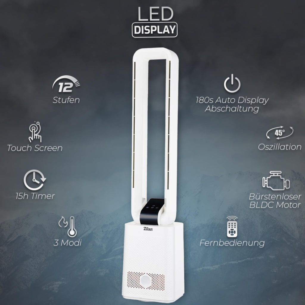 Zilan Turmventilator sehr leise mit Kühlung Standventilator mit Fernbedienung energiesparend oszillierend - Säulenventilator Aircooler Luftkühler Bodenventilator Tower Fan 12 Stufen