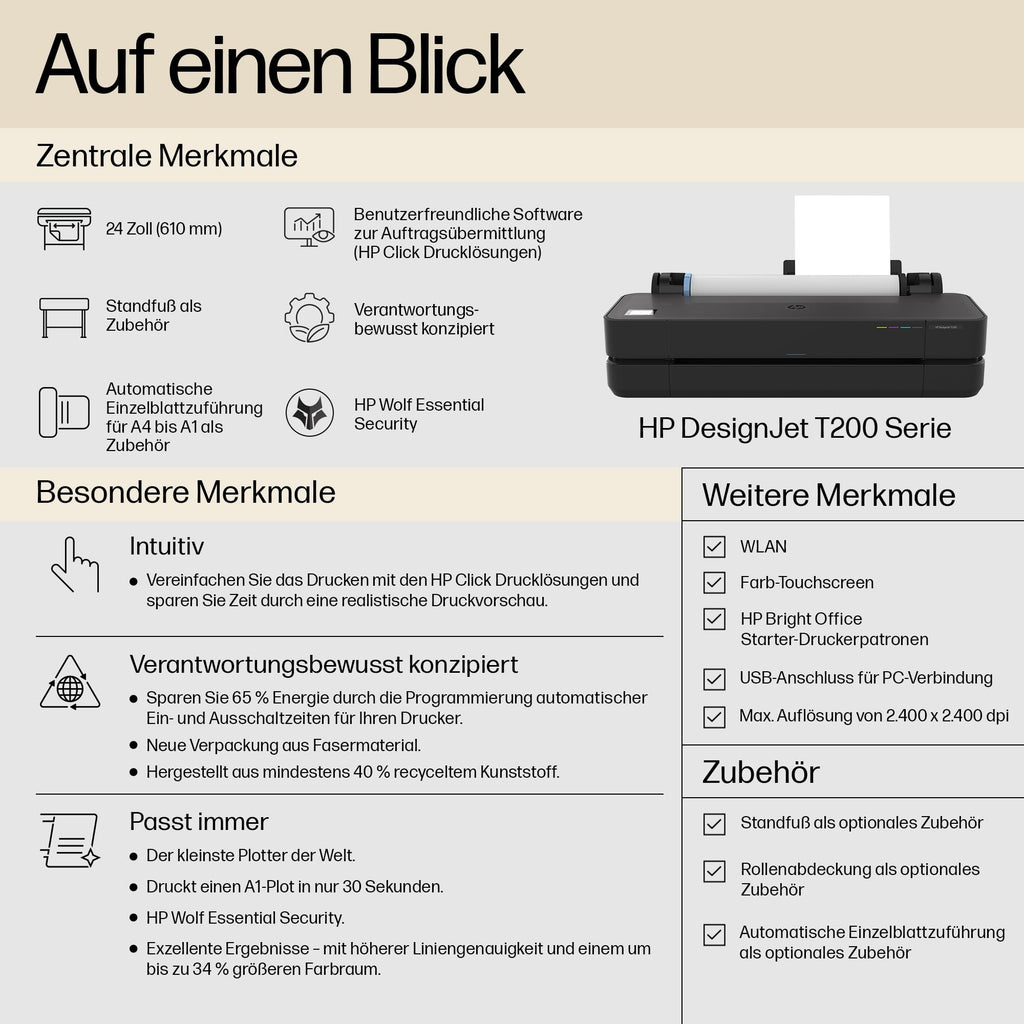 HP DesignJet T230 24 Zoll (61 cm 5HB07D), Großformatdrucker, Plotter, Standard A4-A1, 68 A1-Ausdrucke/Stunde, Wi-Fi, Ethernet, USB, 2400x1200 DPI, Recyceltes Metall, 1 Jahr Garantie, Click, Schwarz