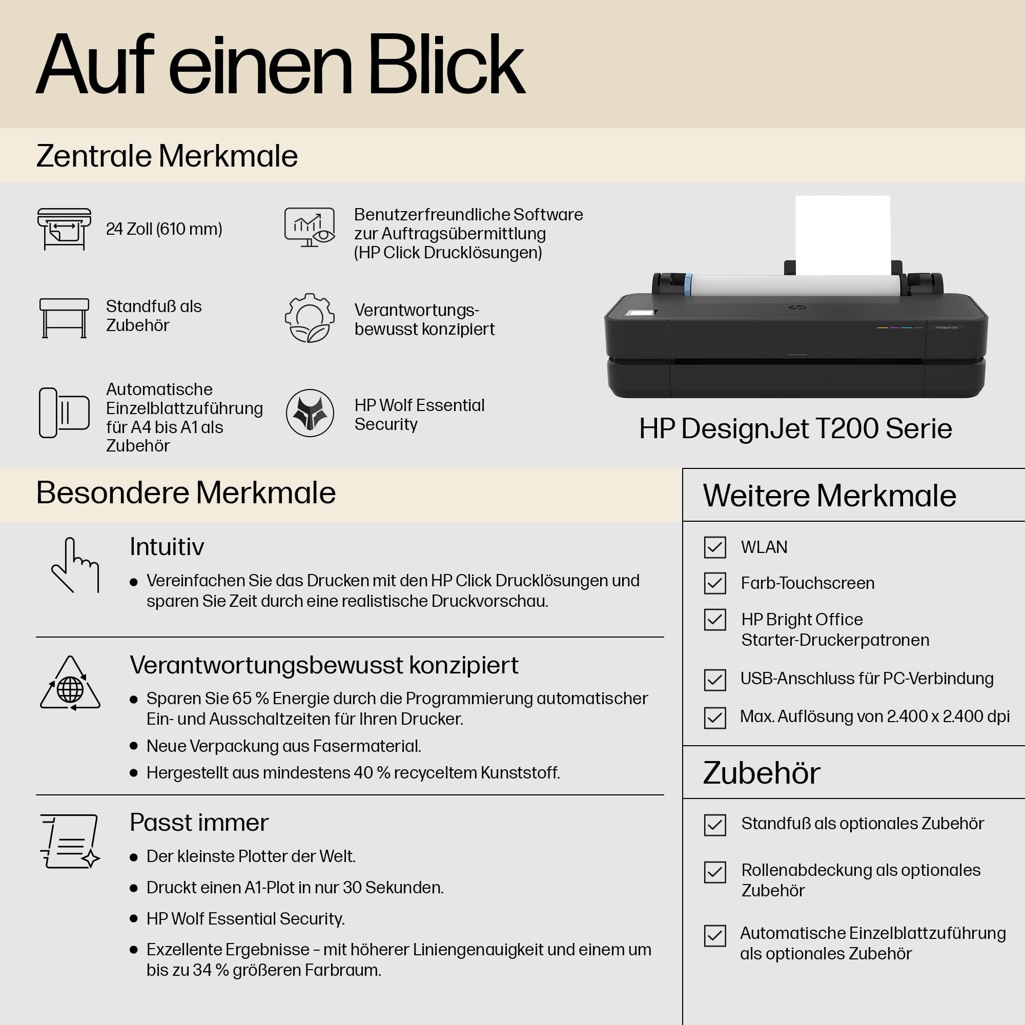HP DesignJet T230 24 Zoll (61 cm 5HB07D), Großformatdrucker, Plotter, Standard A4-A1, 68 A1-Ausdrucke/Stunde, Wi-Fi, Ethernet, USB, 2400x1200 DPI, Recyceltes Metall, 1 Jahr Garantie, Click, Schwarz