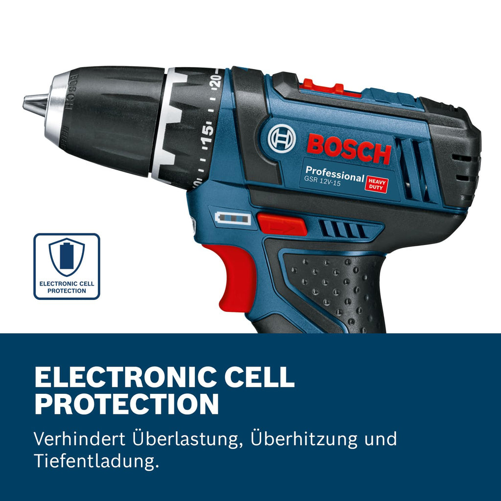 Bosch Professional 12V System Akku Bohrschrauber GSR 12V-15 (inkl. 39 tlg. Zubehörset, 2.0Ah Akku, 4.0Ah Akku, Ladegerät GAL 12V-20, Werkzeugtasche)