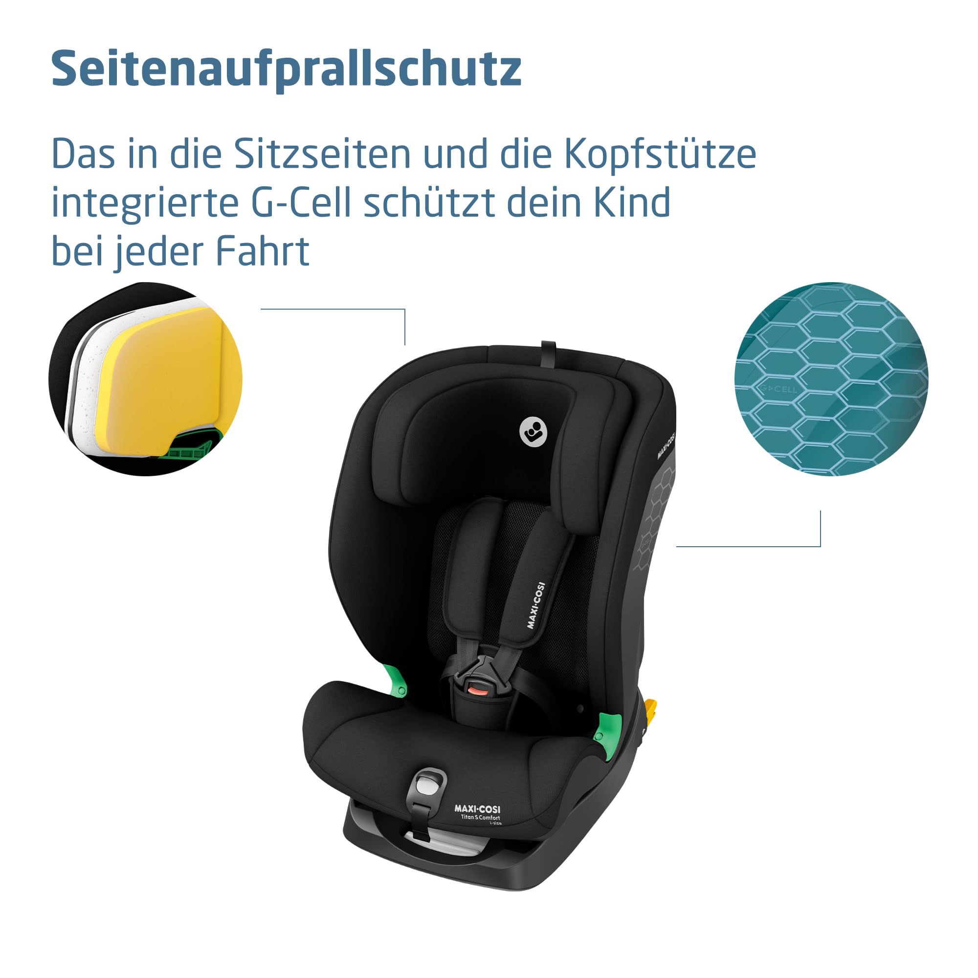 Maxi-Cosi Titan S Comfort i-Size, atmungsaktive Komfortstoffe, mitwachsender Kindersitz, 15 Monate–12 Jahre (76–150 cm), ISOFIX Kindersitz Auto, 5 Sitzposition & 13 Kopfstützenstufen, Authentic Black