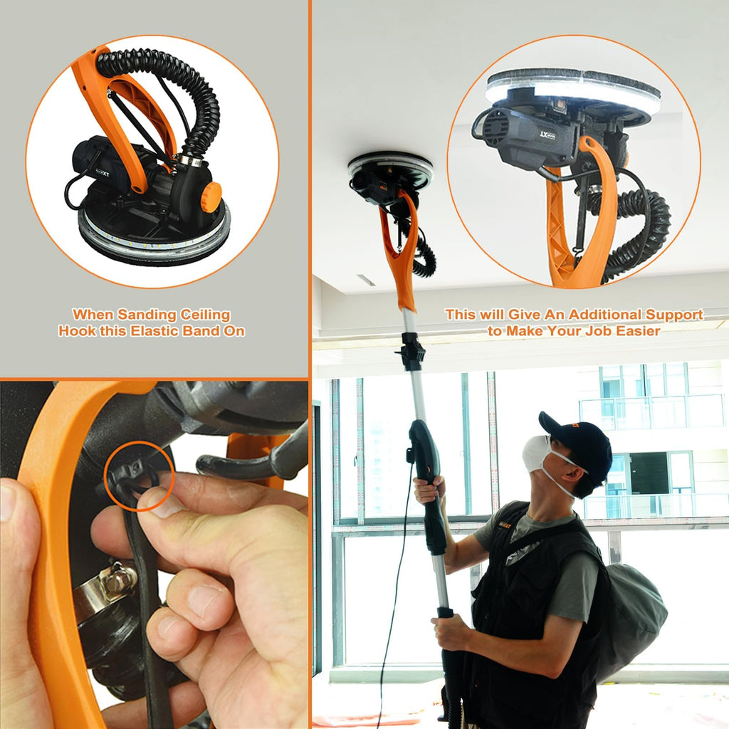 MAXXT 820W Trockenbauschleifer mit Ring-LED-Beleuchtung | Klappgriff + Verlängerungsrohr(bis 165cm) | 215mm Schleifplatte & 225mm Schleifpapier | 600-1900 U/min | six dust bag