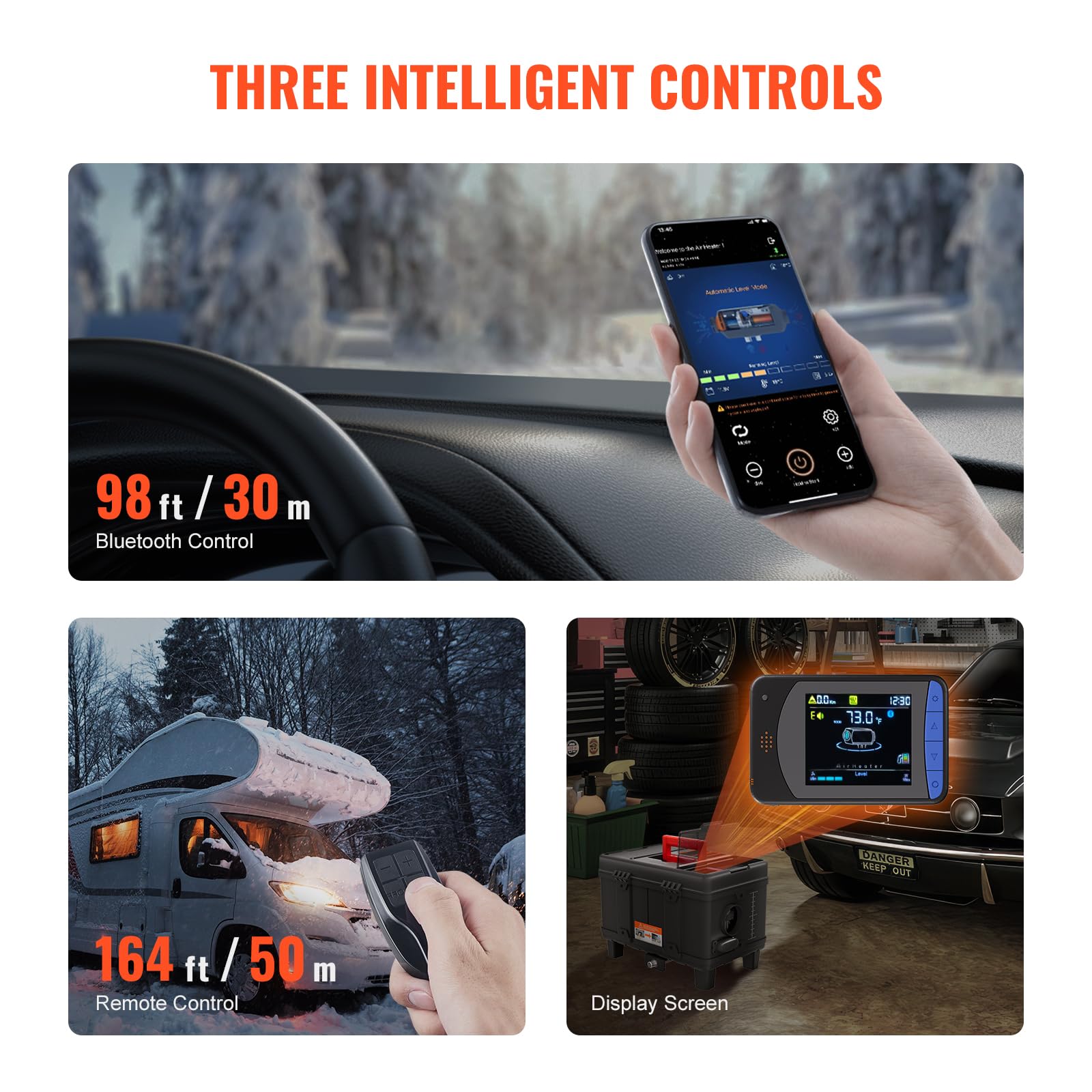 VEVOR 8 kW Dieselheizung 12 V /24 V All in One Diesel-Luftheizung, mit Bluetooth App Steuerung & Fernbedienung& Anzeigebildschirm & CO-Alarm, schnell aufheizende tragbare Dieselheizung für Fahrzeuge