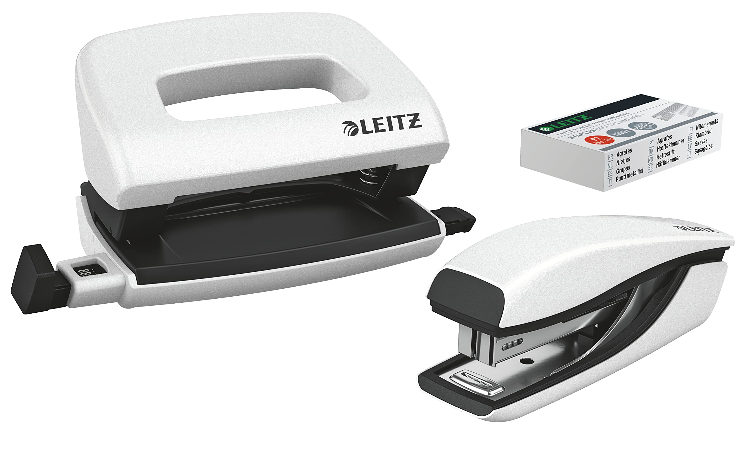 Leitz NeXXt Mini-Locher- und Heftgerät-Set für bis zu 10 Blatt, Inkl. P2 Nr. 10 Heftklammern, perlweiß, WOW, 55612001