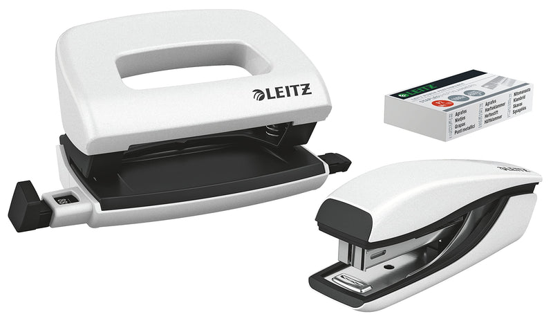 Leitz NeXXt Mini-Locher- und Heftgerät-Set für bis zu 10 Blatt, Inkl. P2 Nr. 10 Heftklammern, perlweiß, WOW, 55612001
