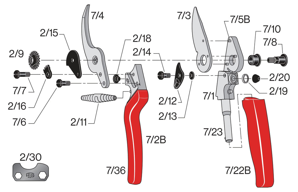 FELCO 7 Bypass-Gartenschere mit Rollgriff für Rechtshänder, ergonomisch für große Hände, 45 mm Stahlklinge, Schnitt bis 25 mm, Stoßdämpfer, geschmiedete Aluminiumgriffe, Swiss Made