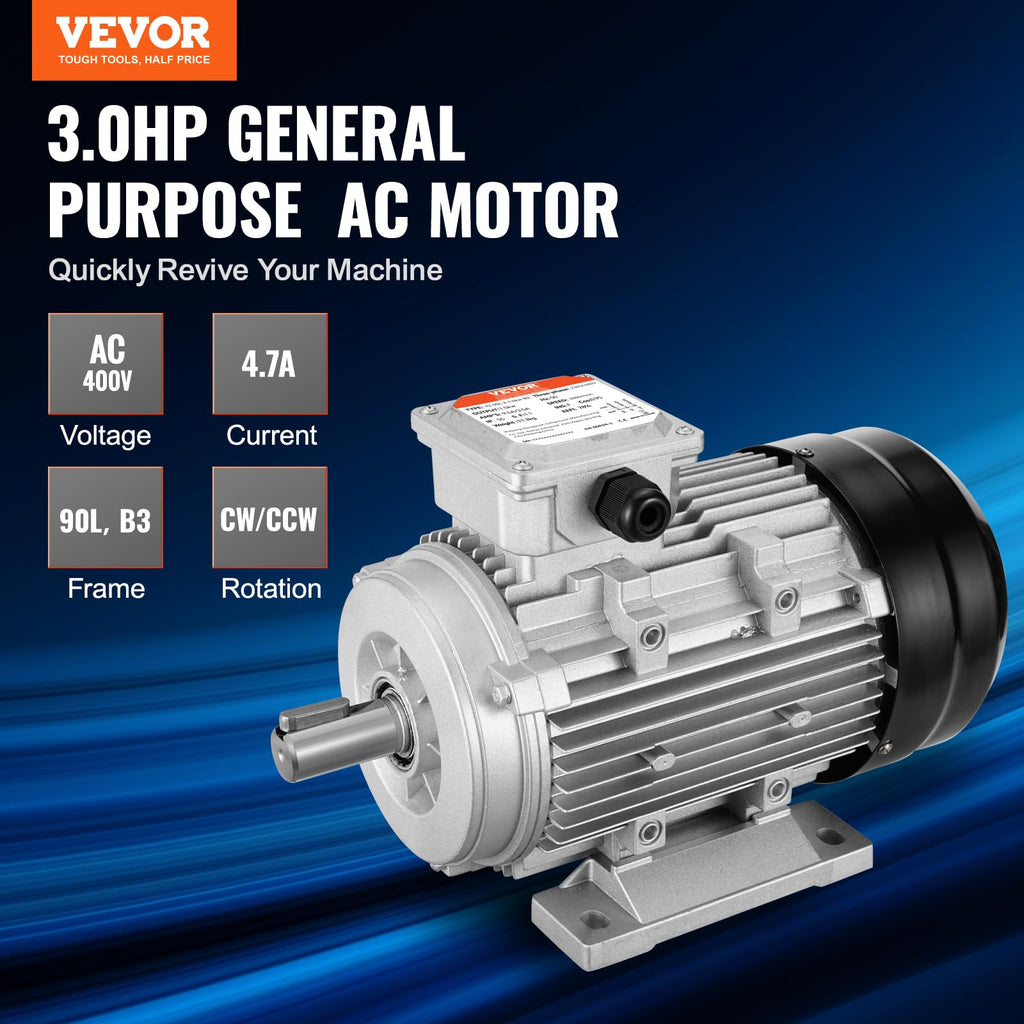 VEVOR 2,2 kW Elektromotor 2890 U/min, AC 400 V 4,7 A, 90 l, B3-Rahmen, Luftkompressormotor 3-phasig, 24 mm Keilwelle, Rechts-/Linkslauf für landwirtschaftliche Maschinen und allgemeine Geräte