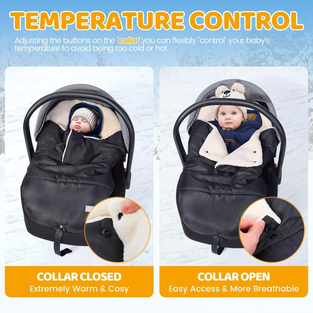 Orzbow Fußsack Babyschale Winter, Universell Einschlagdecke Babyschale Winter mit Verstellbarem Kragen, Warmes Berbervlies Futter, Reißverschluss, passend für Maxi-Cosi, Cybex, Römer usm. (Schwarz)