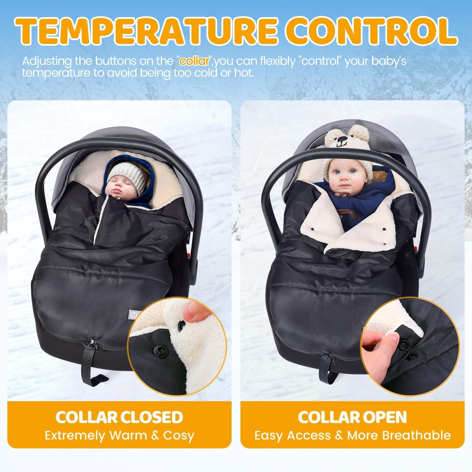 Orzbow Fußsack Babyschale Winter, Universell Einschlagdecke Babyschale Winter mit Verstellbarem Kragen, Warmes Berbervlies Futter, Reißverschluss, passend für Maxi-Cosi, Cybex, Römer usm. (Schwarz)
