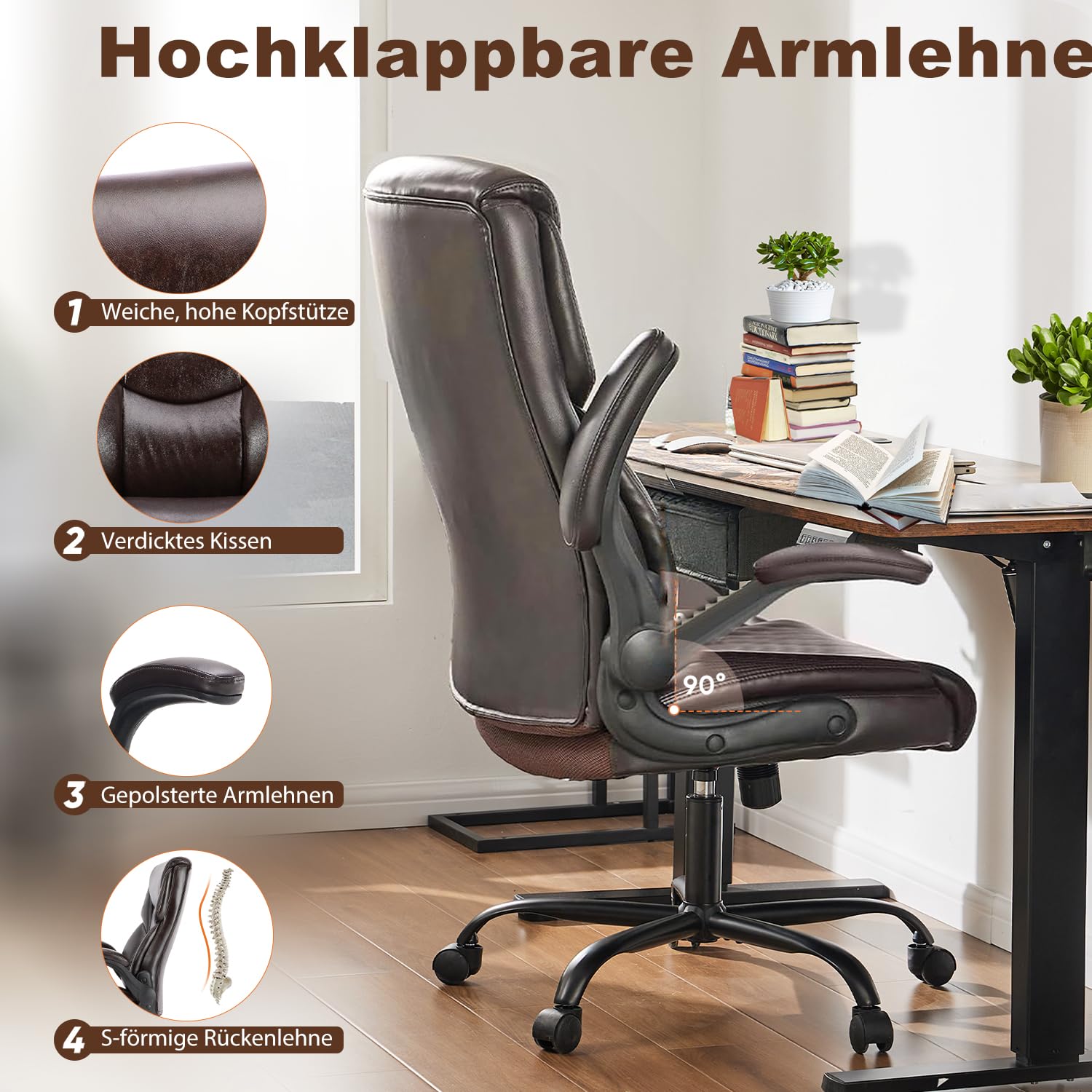 DUMOS Bürostuhl Pu-Leder Chefsessel mit Hochklappbaren Armlehnen Bürostuhle Leder mit Drehbaren Rädern Office Chair Ergonomic Geeignet für Büros Zuhause und Andere Umgebungen