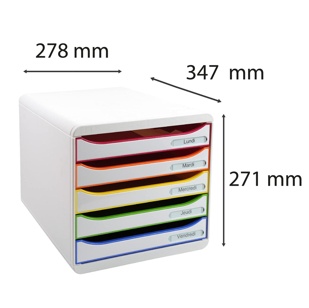 Exacompta 309913D Premium Ablagebox mit 5 Schubladen für DIN A4+ Dokumente. Stapelbare Schubladenbox mit hoher Kapazität für mehr Platz auf dem Schreibtisch Big Box Plus Black Office Weiß-Bunt
