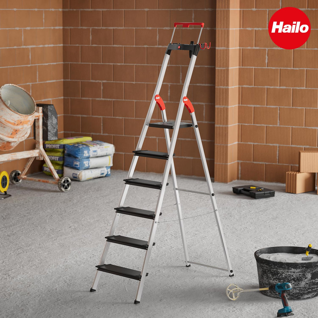 Hailo L100 Topline Alu-Sicherheits-Stehleiter - 7 XXL-Stufen bis 150 kg - Stehleiter mit ausziehbarem Haltebügel, Plattformverriegelung - viel Zubehör - klappbare Aluleiter Made in Germany - schwarz