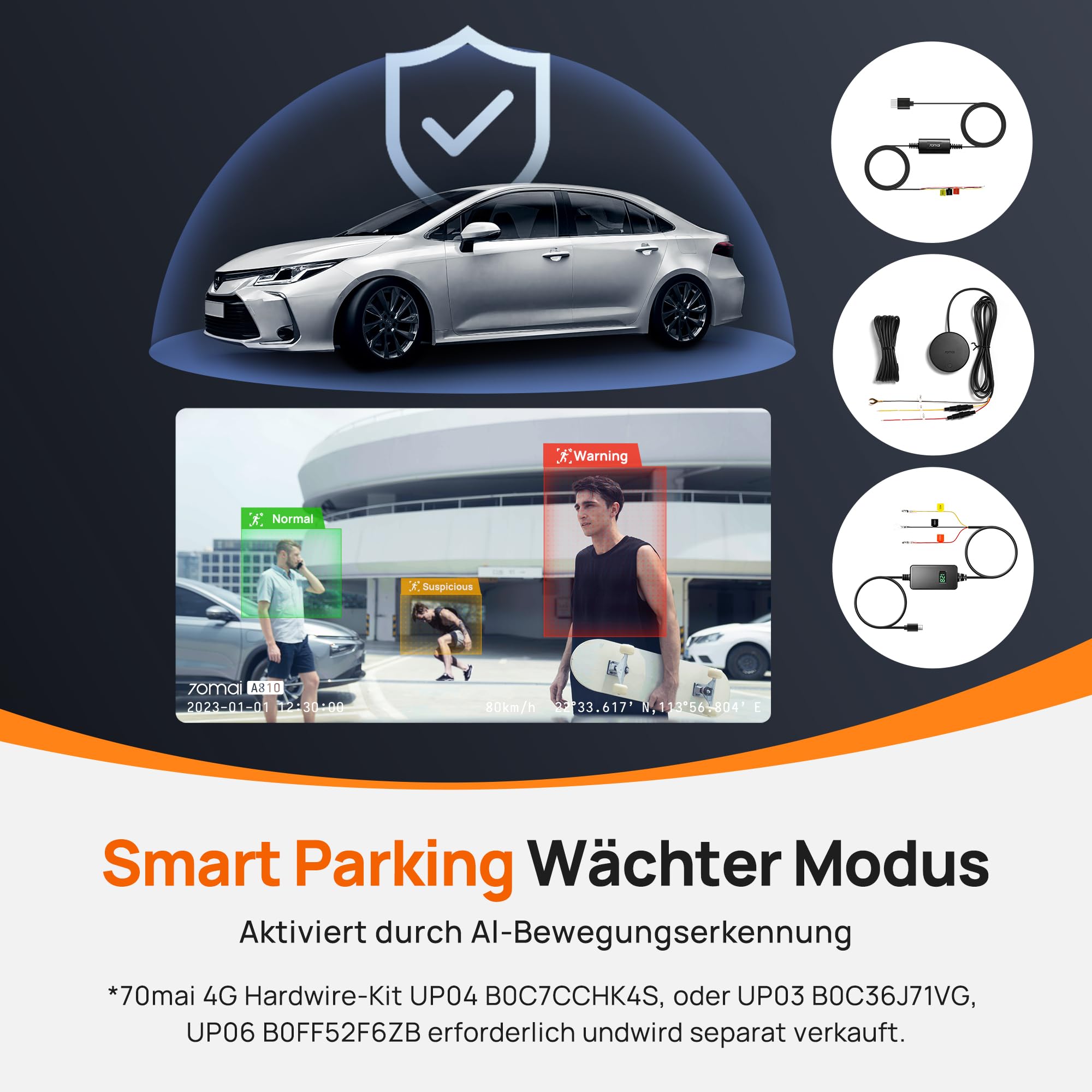 70mai 4K Dashcam A810, HDR Dual-Kanal Dash Cam mit 128GB SD-Karte, Sony STARVIS 2, Night Owl Vision, vorne und hinten 24/7 Parküberwachung, AI-Sensor, GPS, ADAS, WiFi&App Steuerung, bis zu 256GB