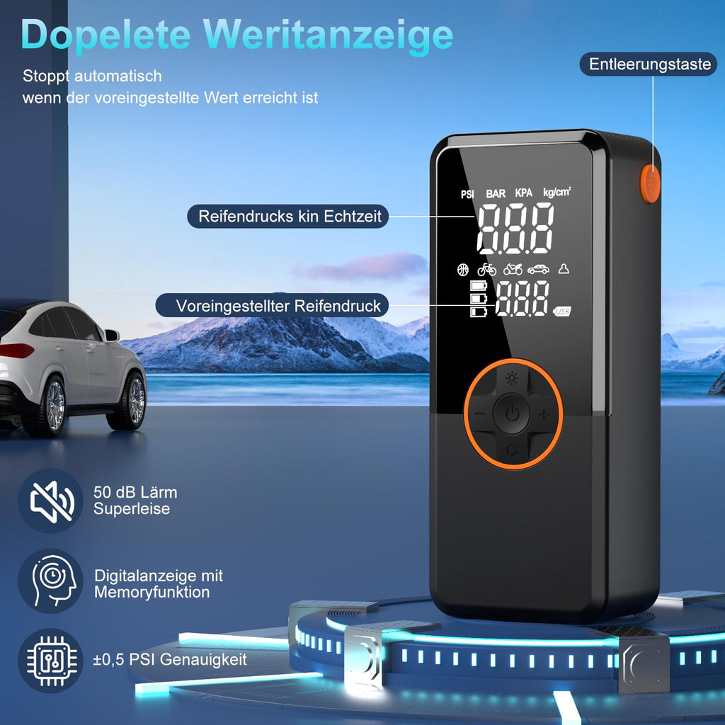 Elektrische Luftpumpe, Luftpumpe Elektrisch mit 10000mAh Akku, 150PSI Tragbar Mini Kompressor mit Manometer, Fahrradpumpe Elektrisch mit Digital LCD Bildschirm für Fahrräder, Motorräder, Auto & Bälle