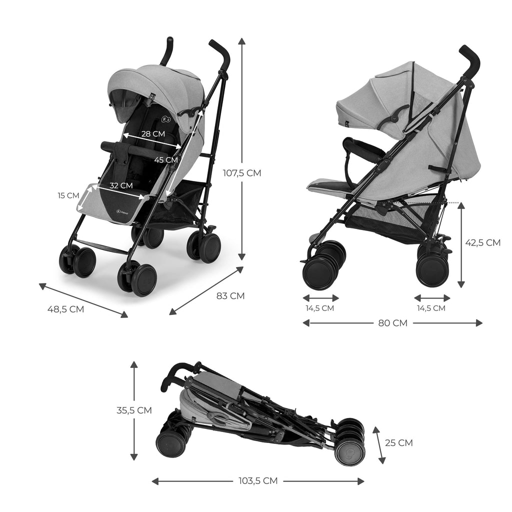 Kinderkraft Kinderwagen SIESTA, Leichte Reise Buggy, Verstellbare Rückenlehne, Liegeposition, Kleine Maße nach Zusammenklappen, Vergrößerbares Verdeck, Für ältere Kinder, bis 22 kg, Grau