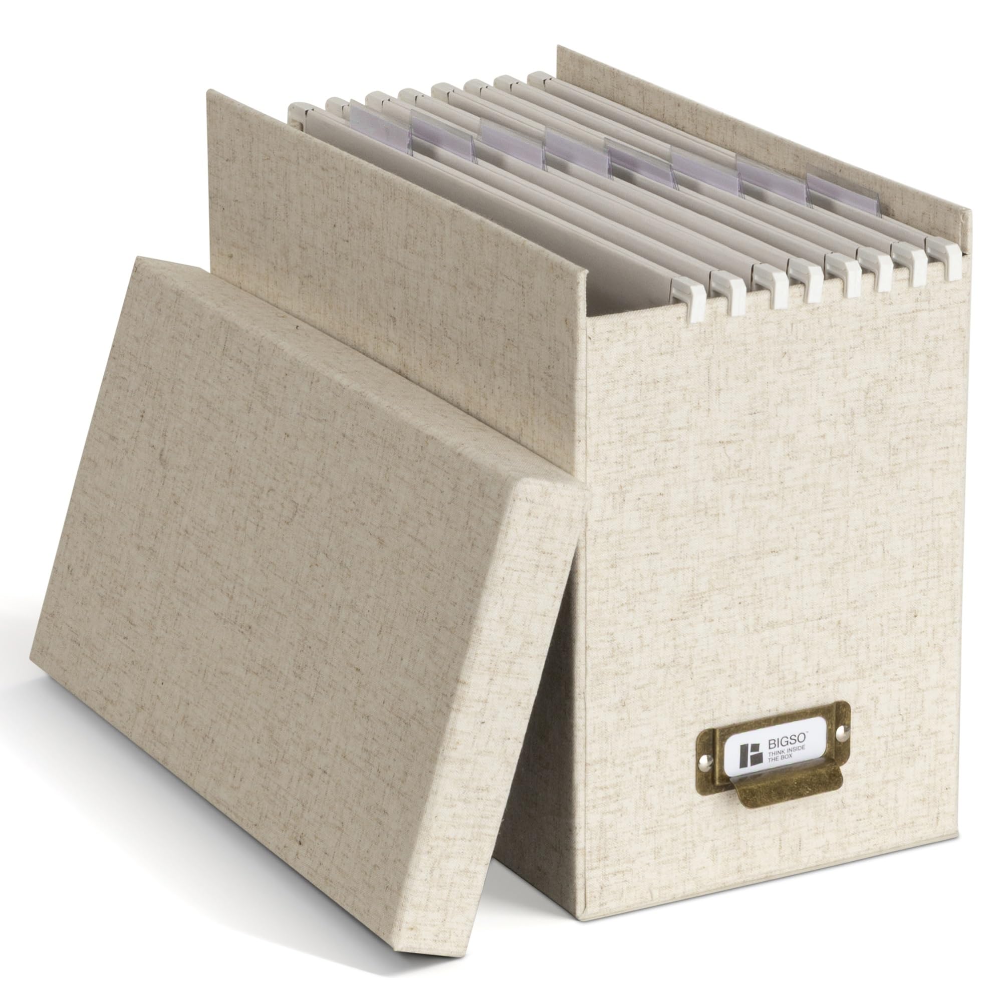 BIGSO JOHAN Hängeregisterbox A4 – Hängemappenbox mit Deckel und Griff – Schreibtischablage für Hängemappen & Dokumente – Aufbewahrungsbox aus recycelter Faserplatte und Papier – Leinen