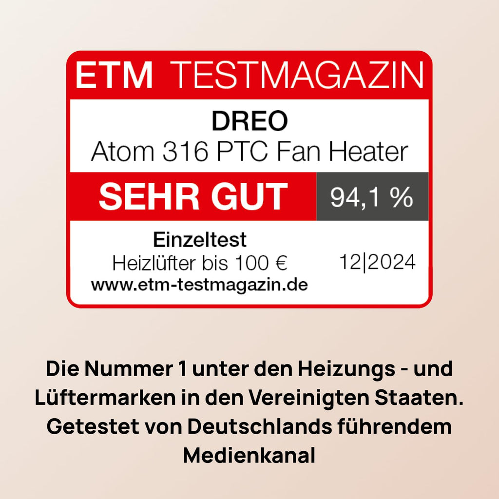 Dreo Energiesparender Heizlüfter, 34 dB Leiser 1500W Elektrischer PTC Keramik, Thermostat, Überhitzungs- & Kippschutz, 12 Std. Timer, Elektroheizung für Räume Schlafzimmer, Atom 316, Silber
