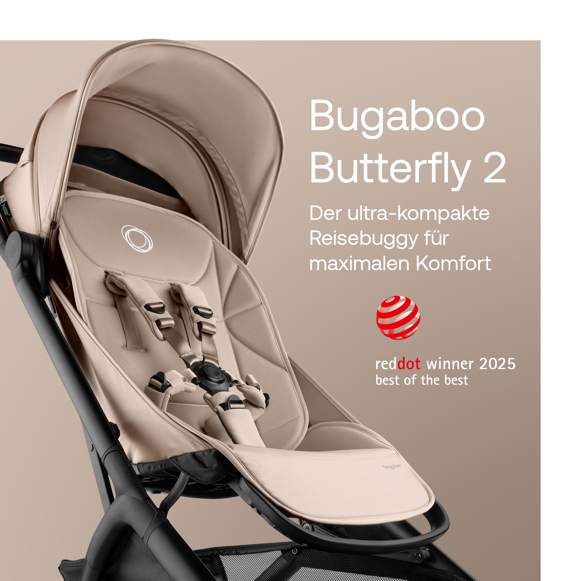 Bugaboo Butterfly 2 Reisebuggy, leicht und kompakt, Handgepäckgröße, faltbarer Reise-Kinderwagen mit Liegefunktion, einhändig faltbar, großer Untergestellkorb, ab 6 Monaten bis 4 Jahre, Desert Taupe