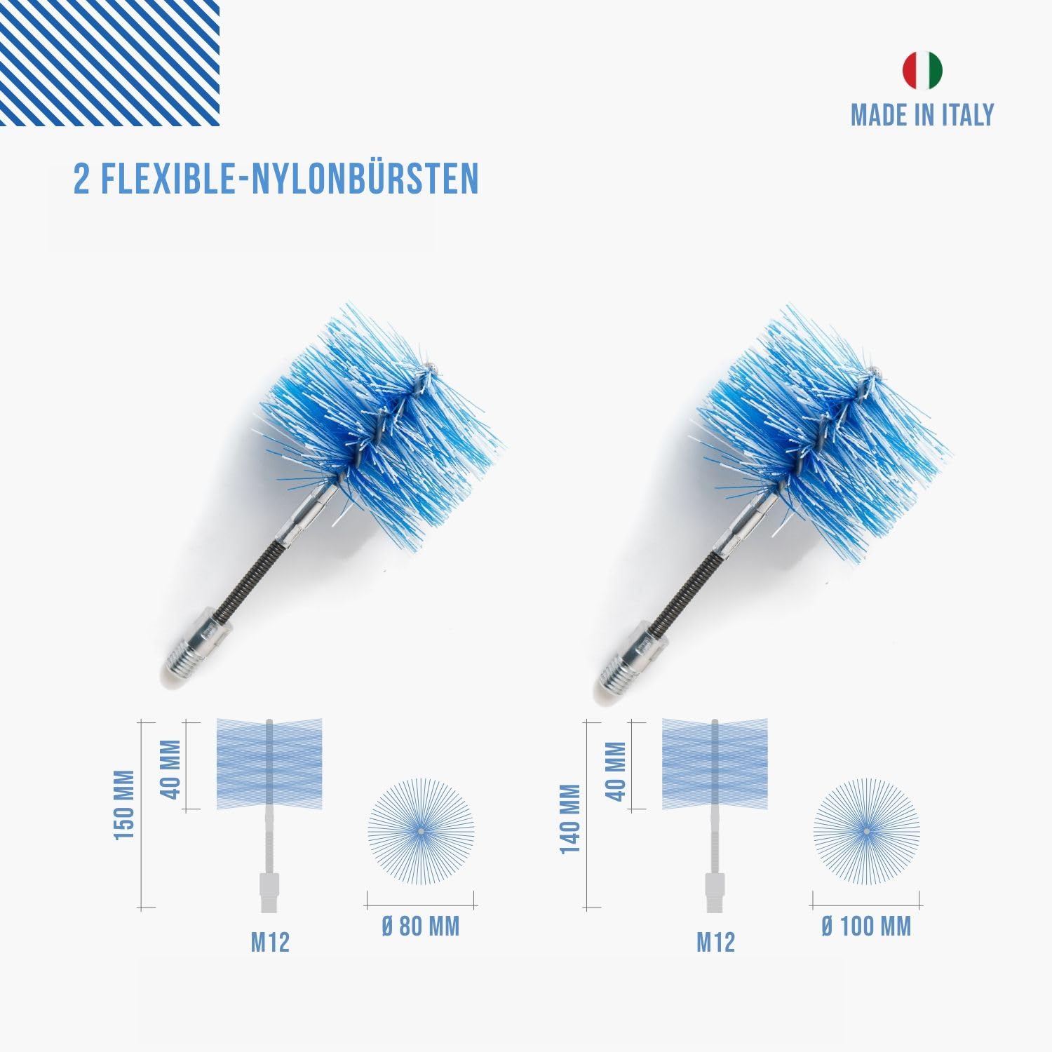 BARETTO Pelletofen Reinigungsset, Set zur Rohrreinigung von Pelletöfen mit 3 Meter flexibler Verlängerung bis 90°-Biegung, mit 2 Flex Nylonbürsten 80 mm und 100 mm (3 M)