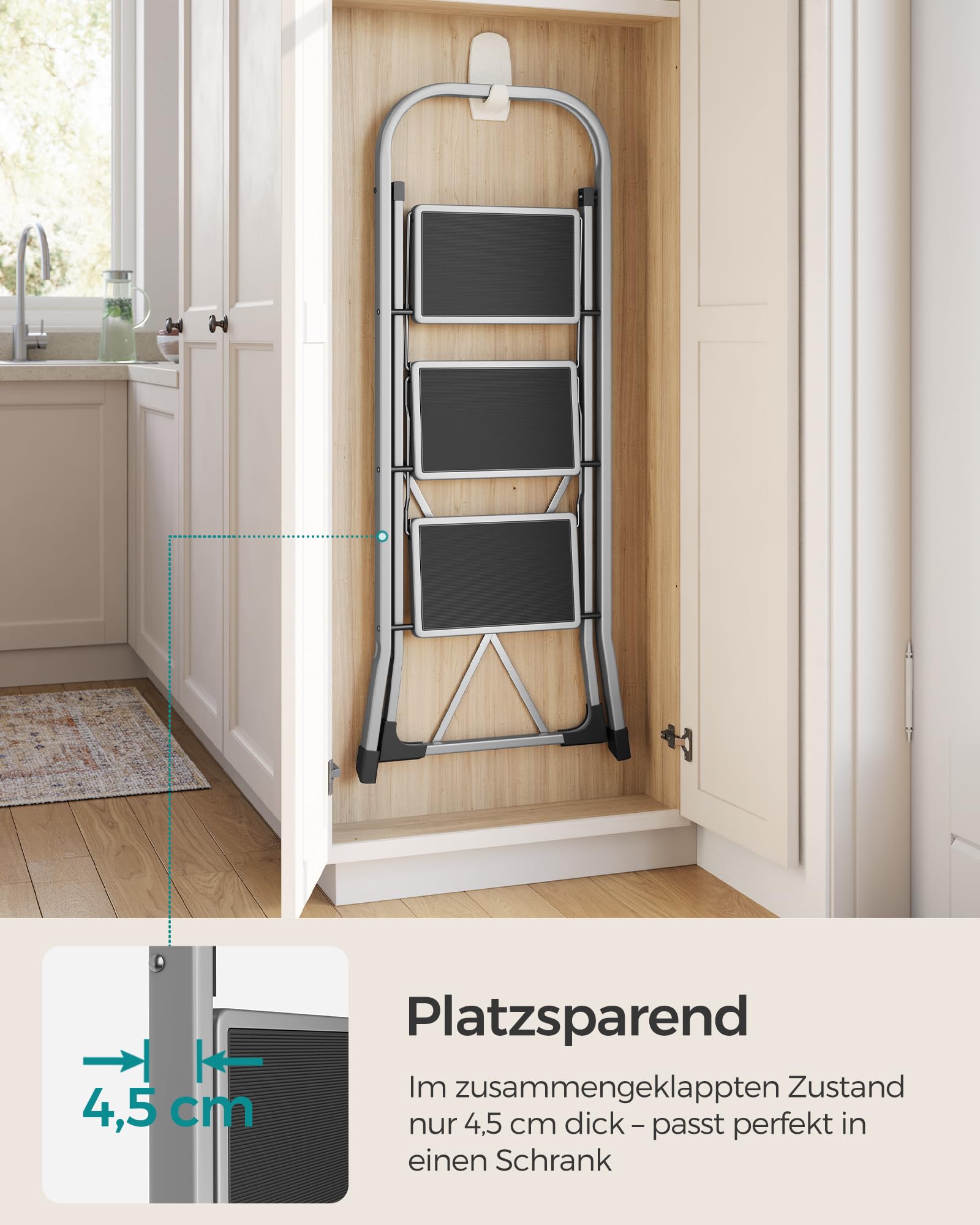 SONGMICS Trittleiter, Leiter mit 3 Stufen, Klapptritt, Klappsicherung, einfach zu verstauen, bis 150 kg belastbar, Taubengrau GSL003GY01