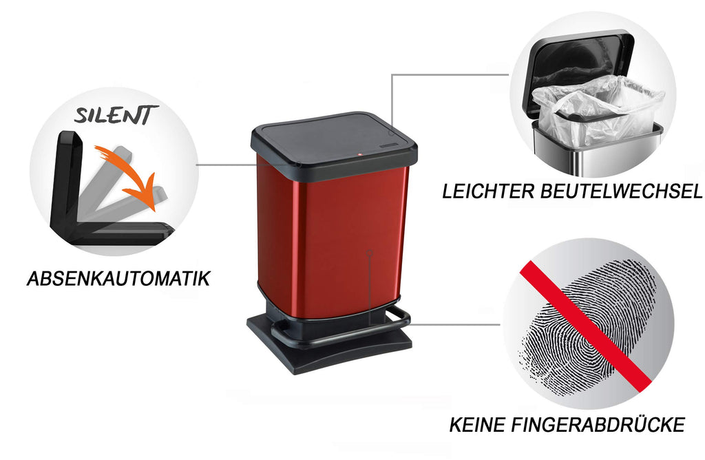 Rotho Paso Mülleimer 20l mit Deckel, Kunststoff (PP recycelt) BPA-frei, rot, 20l (29.3 x 26.6 x 45.7 cm)