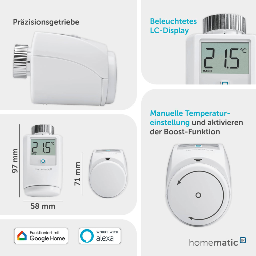 Homematic IP Heizkörperthermostat, Packung mit 3, Smart Home, digitaler Thermostat Heizung, Heizungsthermostat, Steuerung per App, Alexa & Google Home, einfache Installation, Energie sparen, 140280A0