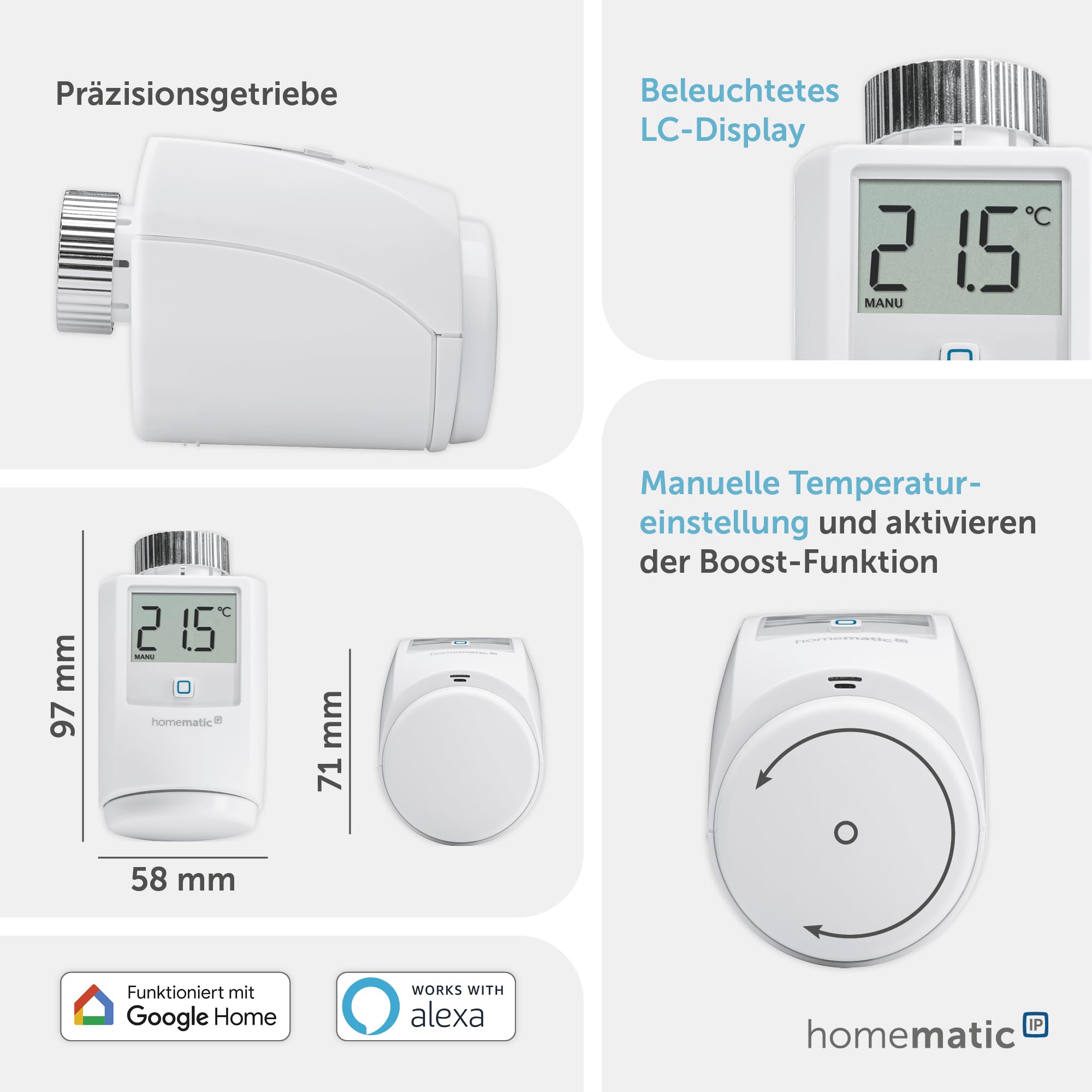 Homematic IP Heizkörperthermostat, Packung mit 3, Smart Home, digitaler Thermostat Heizung, Heizungsthermostat, Steuerung per App, Alexa & Google Home, einfache Installation, Energie sparen, 140280A0