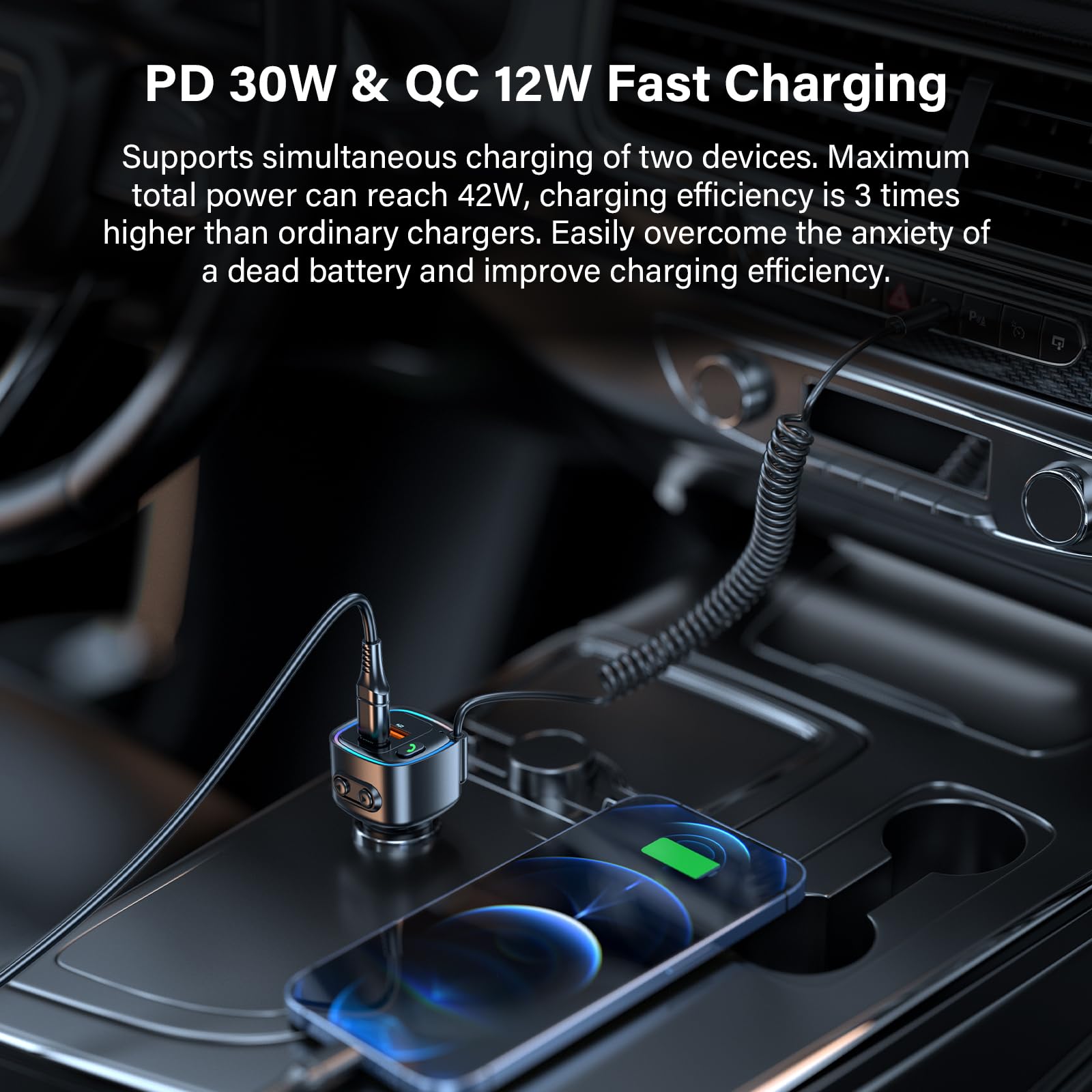Aux Bluetooth 5.4 Adapter Auto Bluetooth Empfänger Klinke 3.5mm für Freisprechanruf und Wireless Musik Kompatibel Schnellladung AutoLadegerät 42W (PD 30W&QC 12W) HiFi-Stereo U-Disk RGB Umgebungslicht