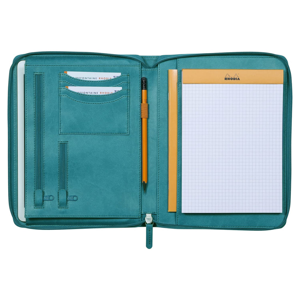 Rhodia 168103C - Konferenzmappe Rhodiarama 19,5x25,5 cm, mit Etui, dehnbare Haupttasche, 2 flache Reißverschlusstaschen, Kartenfächer, Stiftehalter, Cover aus Kunstleder Pfaugrün,, 1 Stück