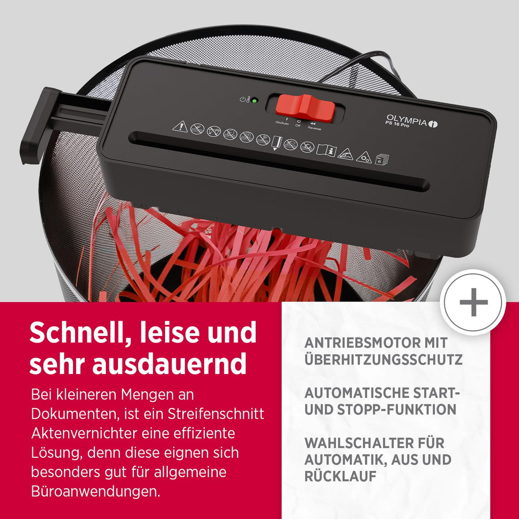 OLYMPIA PS 16 Pro Aktenvernichter Aufsatz schwarz | Kompakter Papierschredder für zu Hause | Schredder Aktenvernichter im Streifenschnitt | Shredder Papier | Papier Schredder Gerät
