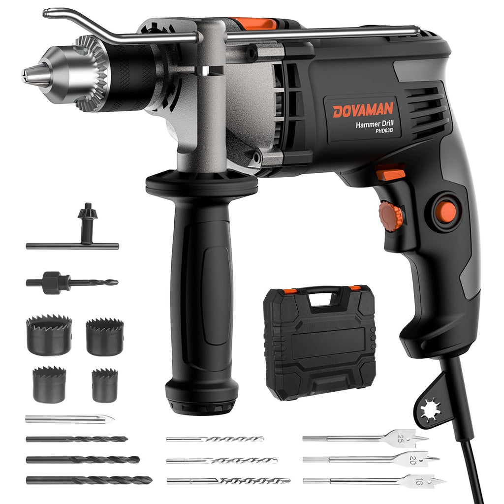 DOVAMAN PHD03B 850W Schlagbohrmaschine Mit 13mm Metallbohrfutter, Elektro-Bohrmaschine Mit Schlagfunktion & Variabler Drehzahl 0–3000 U/Min – Für Beton, Mauerwerk, Holz – Inkl. Bohrer & Koffer