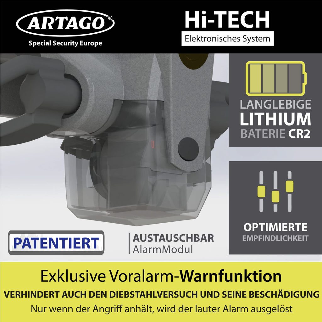 ARTAGO 870 Hochwertige Lenkradkralle 2in1 Ohne/Mit Alarm 120dB+LED, Sicherer und Abschreckender Lenkradsperre um die Lenkradspeiche, Fortschrittlichste Lenkradschloss zur Auto-Diebstahlsicherung