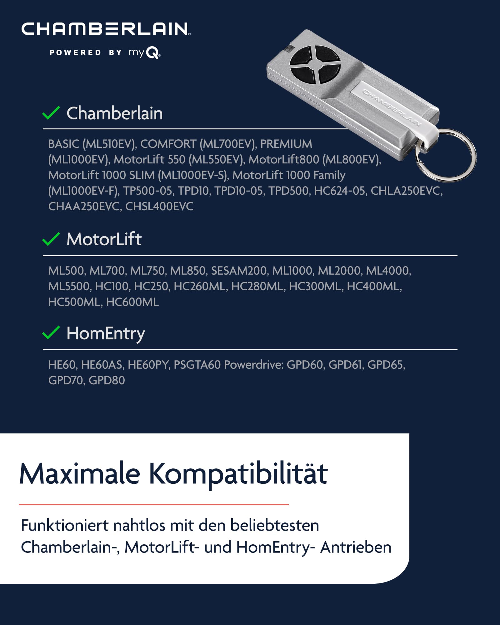 Chamberlain TX4RUNI Universalhandsender - 4-Kanal Handsender für Garagen- & Außentorantriebe - 433 MHz Kompatibel - Inkl. Batterie