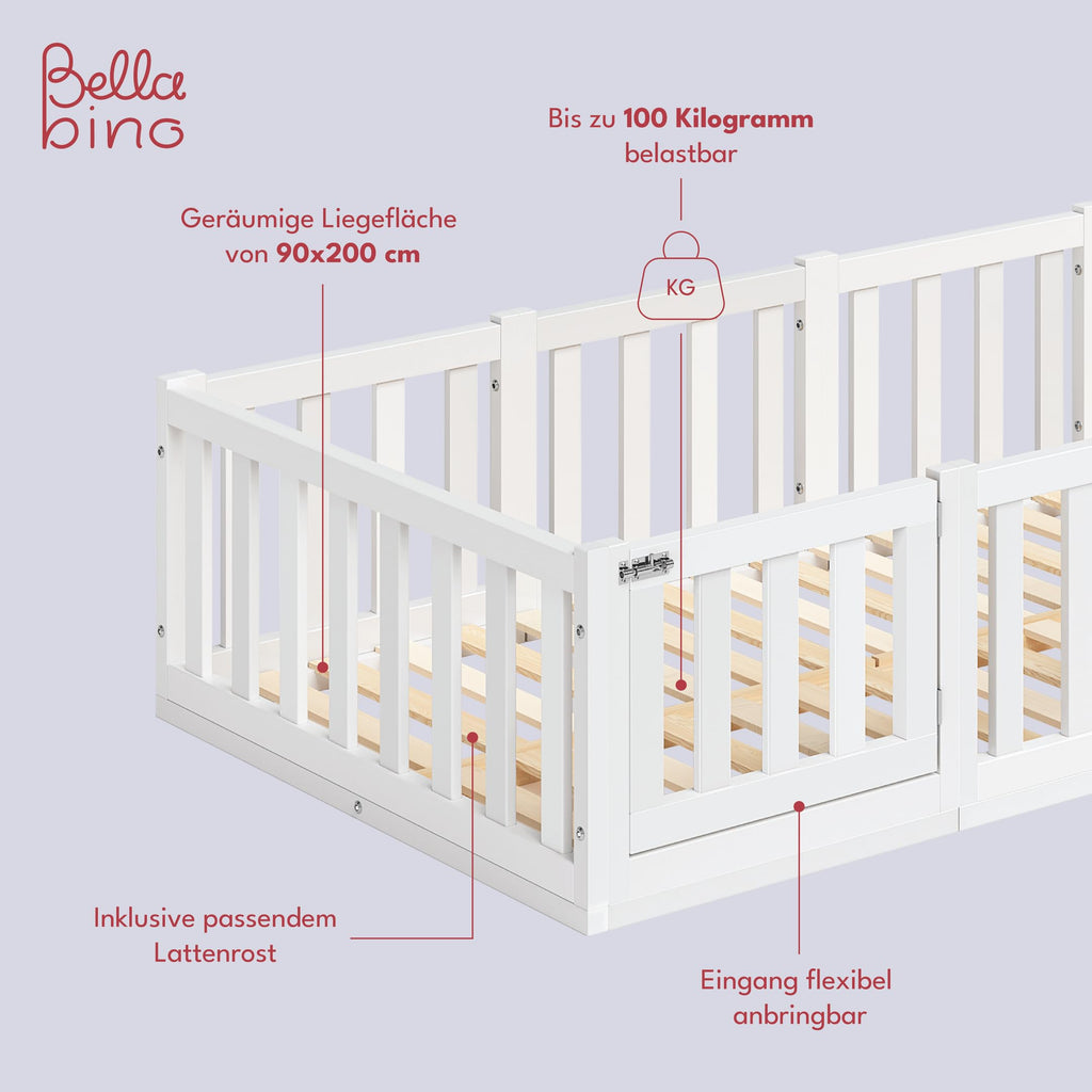 Bellabino Tapi Bett 90x200 cm, Kinderbett mit Rausfallschutz und Tür, inklusive Lattenrost, Montessori Bodenbett für Jungen und Mädchen aus Kiefer Massivholz, weiß lackiert, Bed