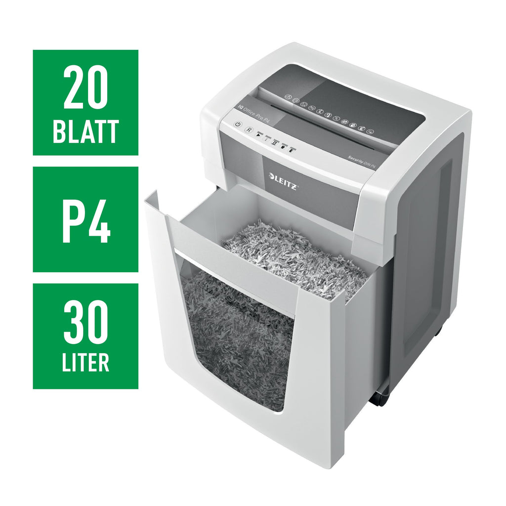 Leitz IQ Aktenvernichter Office Pro, Partikelschnitt Sicherheitsstufe P4, 22-20 Blatt (70-80 g/m²), TÜV+GS zertifiziert, 4 Stunden Dauerbetrieb, 30L Behälter, Sehr leiser Schredder für Büro, 80050000