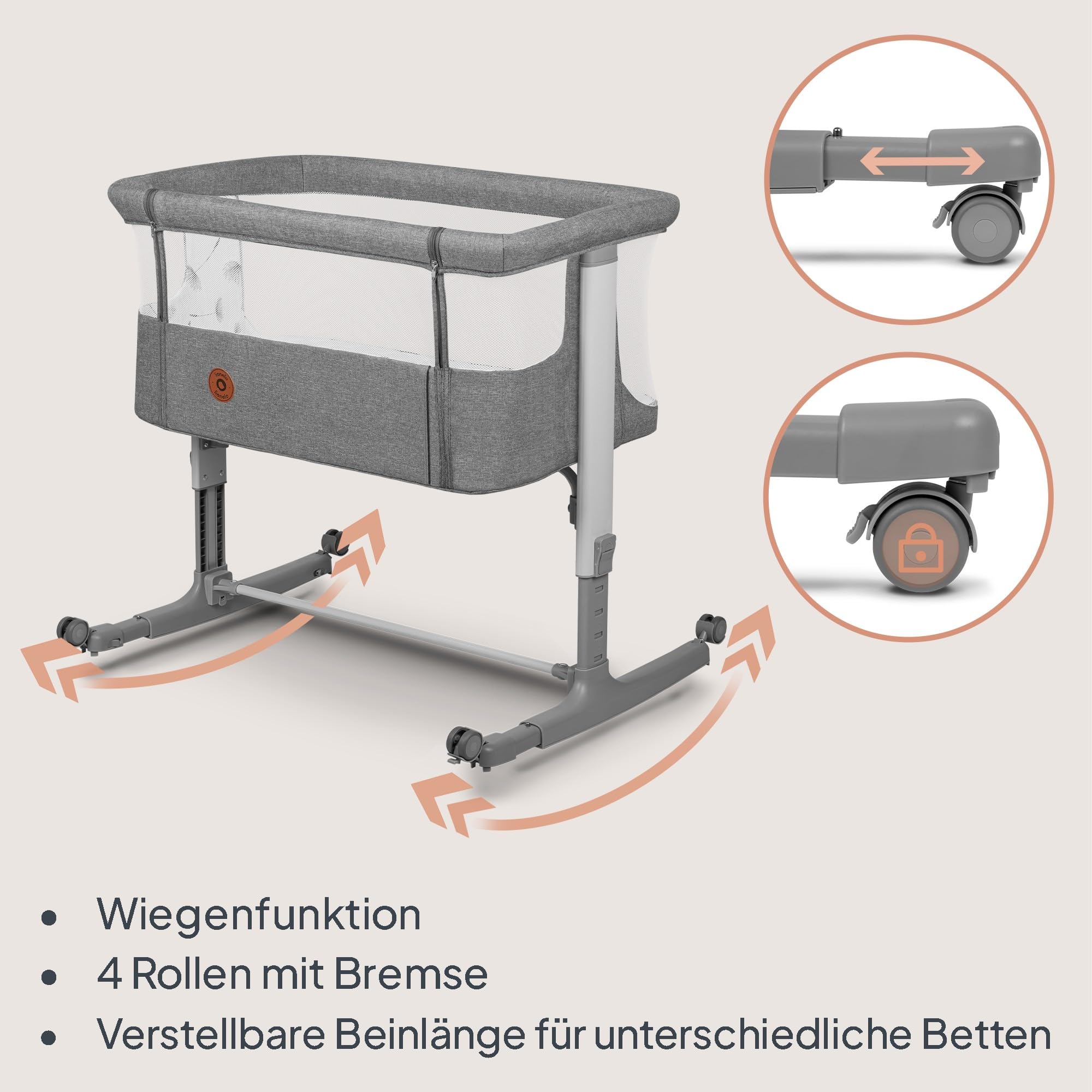Lionelo Aurora 3 in 1 Babybett bis 9 kg, Beistellbett, Wiege, Höhenverstellug und Einstellung der Neigung der Matratze, 4 Räder mit Bremse Ergonomische Matratze Tasche