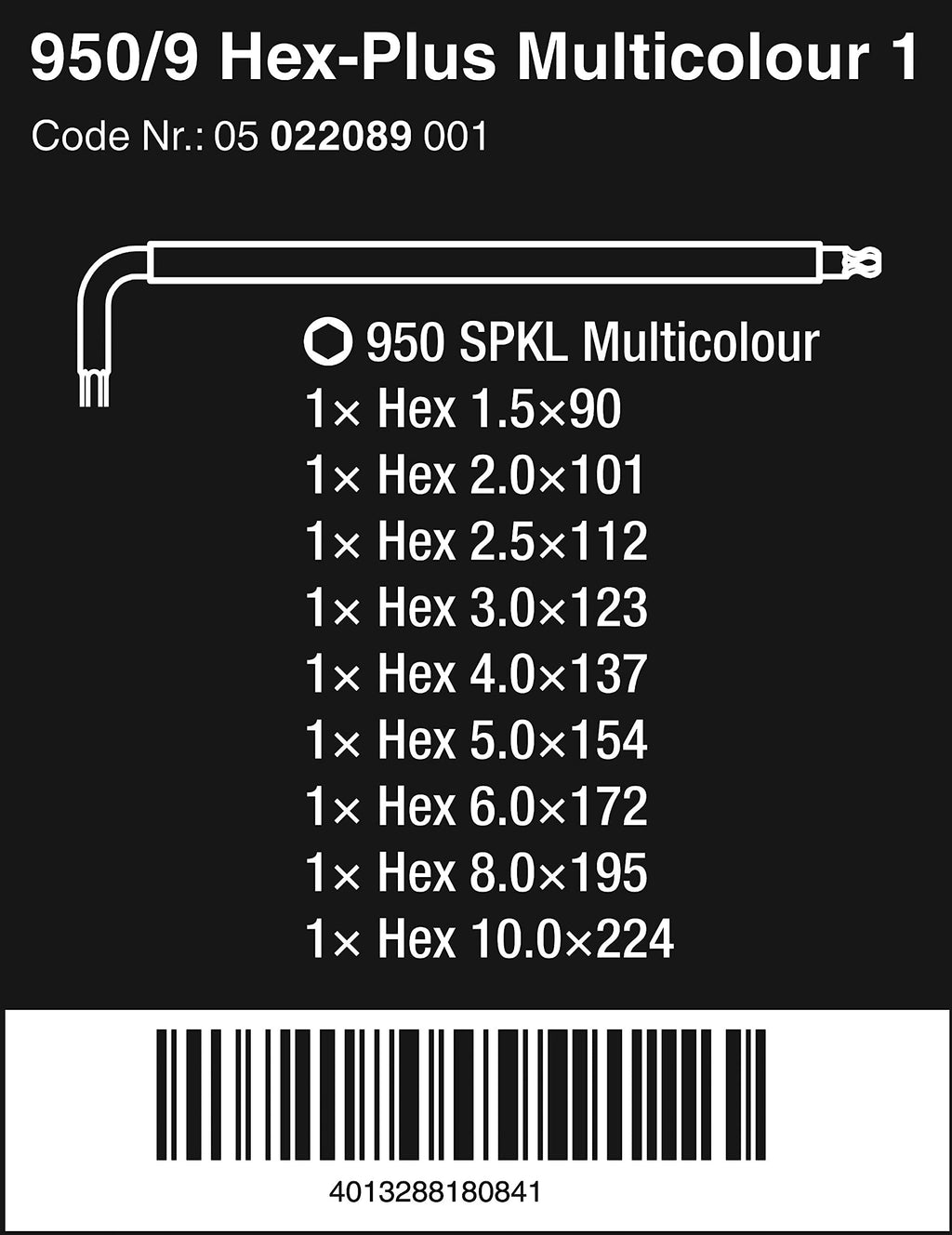 Wera 950 SPKL/9 SM N Multicolour Winkelschlüsselsatz, metrisch, BlackLaser, 9-teilig, Wera 05022089001