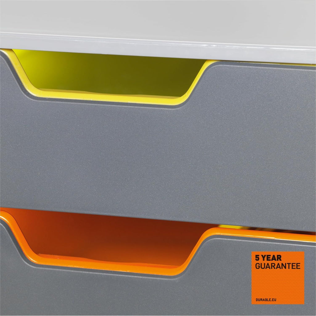 Durable Schubladenbox A4 (Varicolor) Ablagebox 5 Fächer, mit Etiketten zur Beschriftung, mehrfarbig, 760527