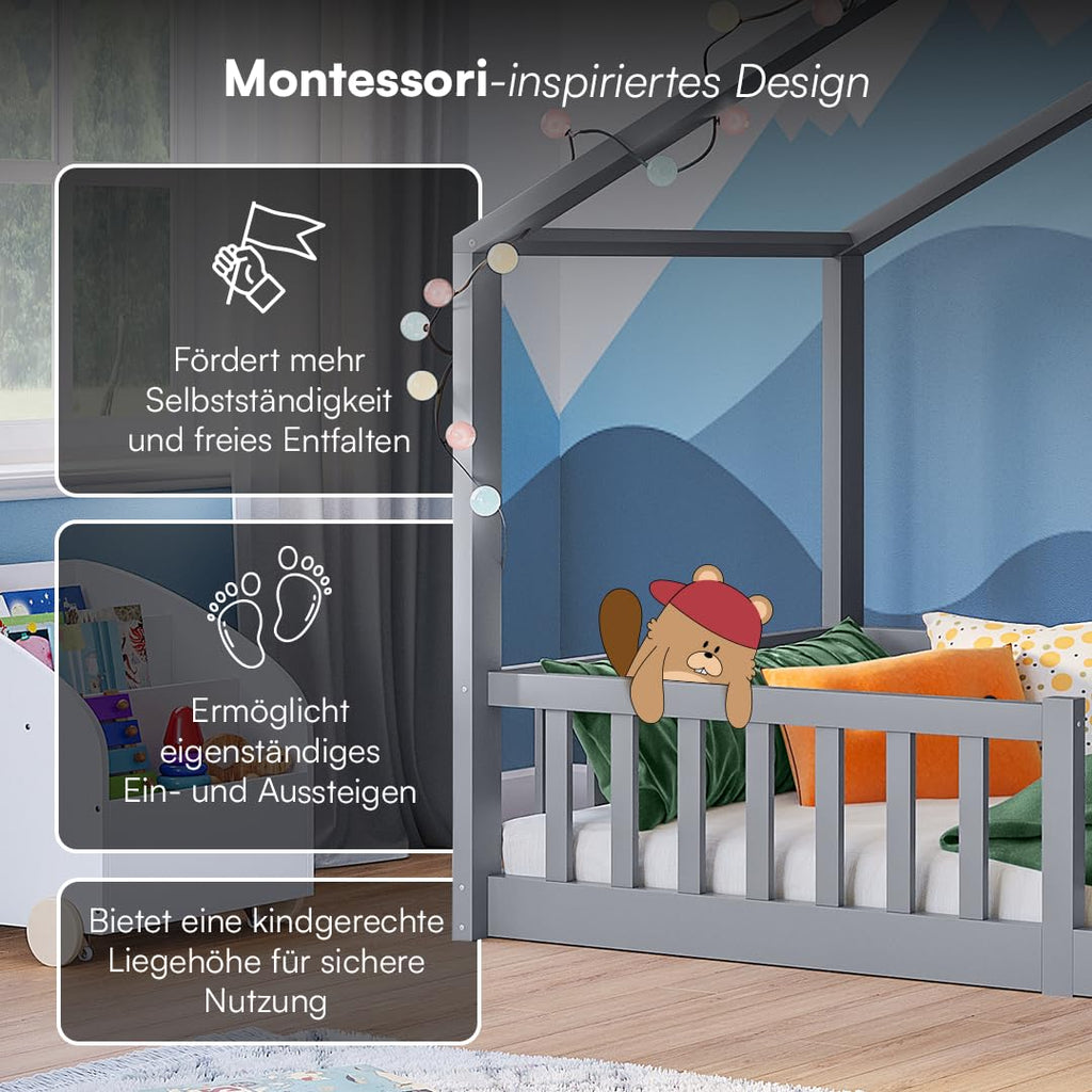 Bellabino Bia Kinderbett 90x200 cm – Bodenbett mit Rausfallschutz & Lattenrost – Hausbett aus Massivholz Kiefer – Montessori Kinder Bett in Hellgrau für Jungen und Mädchen