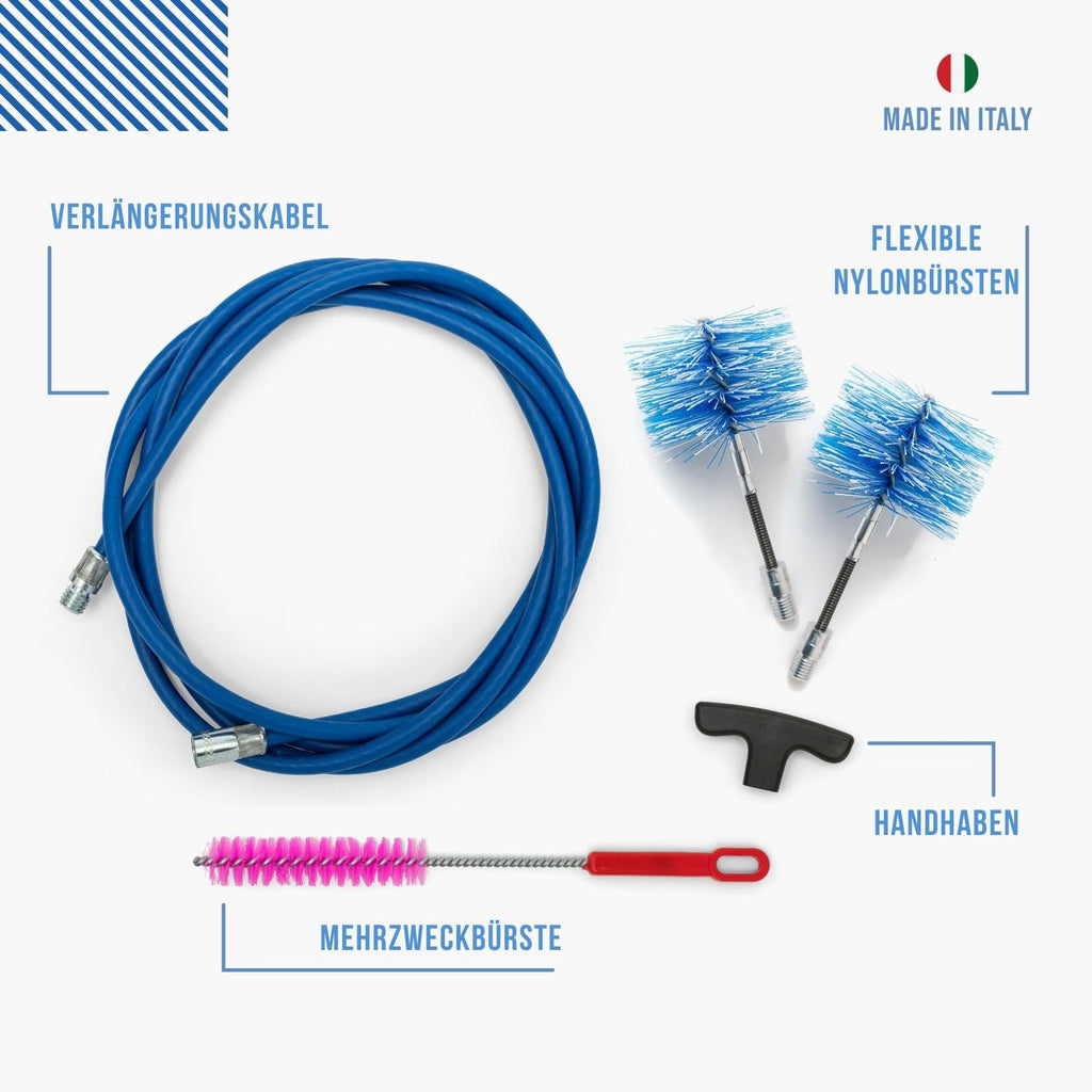BARETTO Pelletofen Reinigungsset, Set zur Rohrreinigung von Pelletöfen mit 3 Meter flexibler Verlängerung bis 90°-Biegung, mit 2 Flex Nylonbürsten 80 mm und 100 mm (3 M)