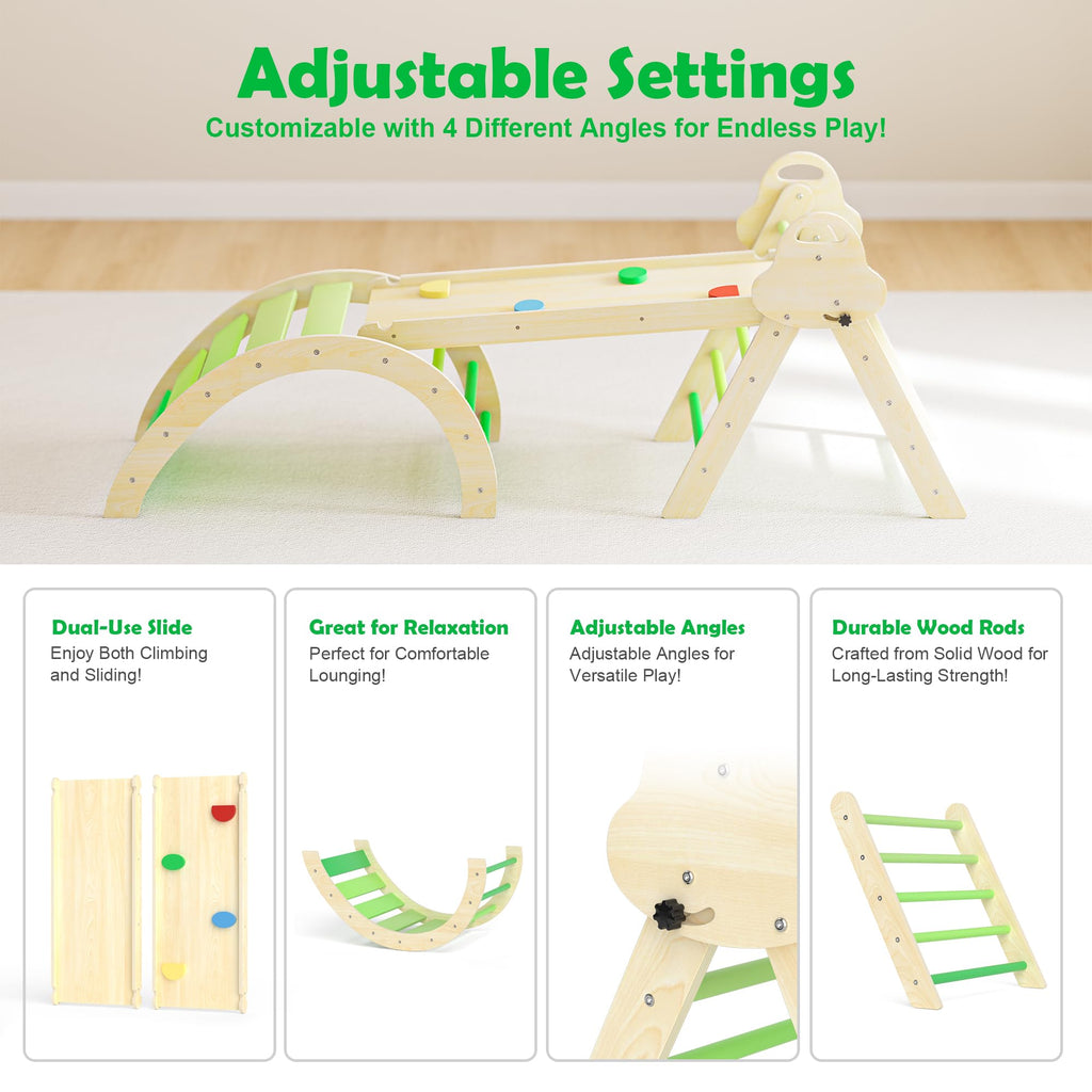 7-in-1 Montessori Kletterdreieck mit Kissen – Holz Kletterspielzeug für Kleinkinder 1-3 Jahre – Indoor Kletterbogen mit Rutsche, Leiter & Spielbogen (Green)