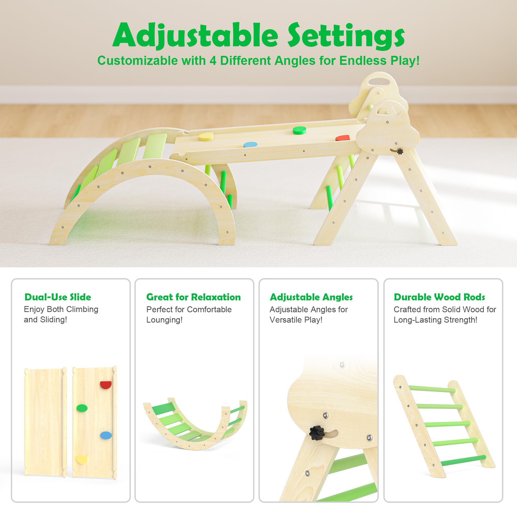 7-in-1 Montessori Kletterdreieck mit Kissen – Holz Kletterspielzeug für Kleinkinder 1-3 Jahre – Indoor Kletterbogen mit Rutsche, Leiter & Spielbogen (Green)