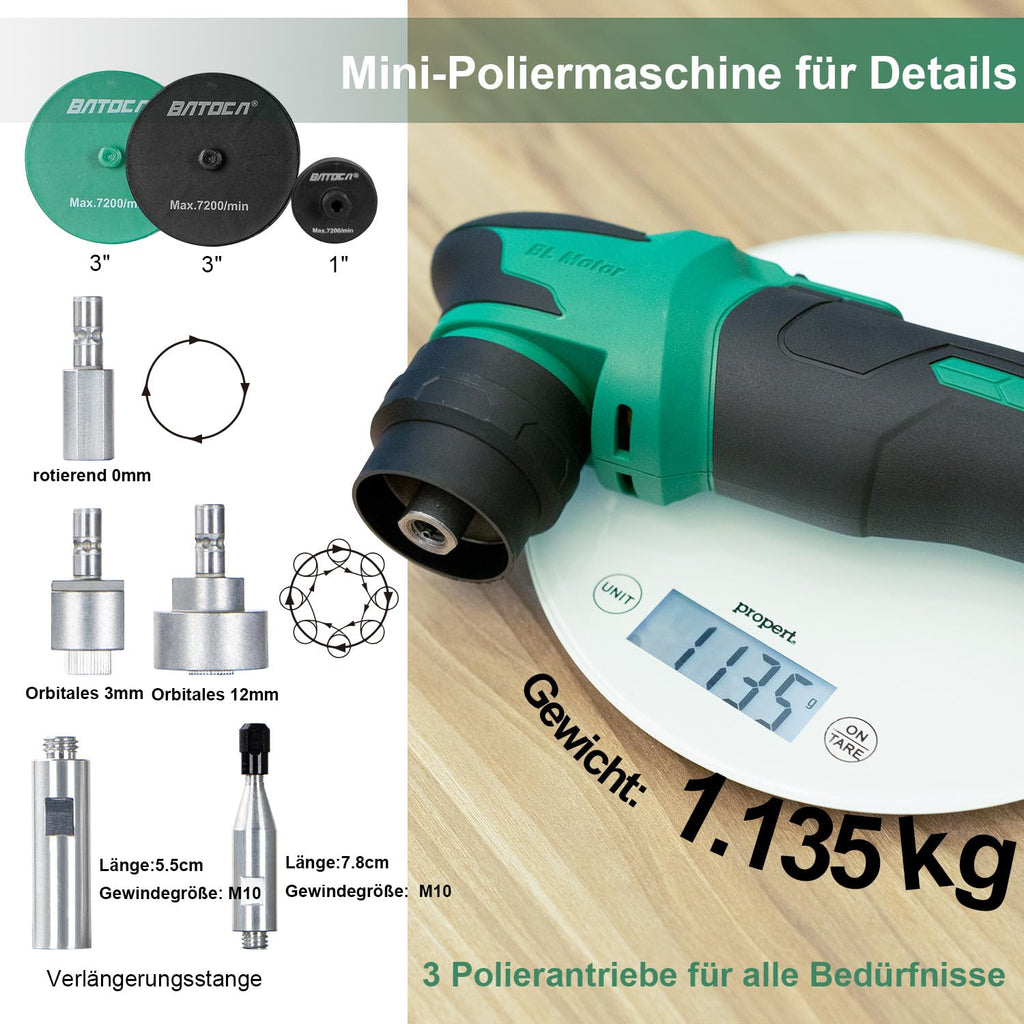BATOCA S4 Profi Akku Mini Poliermaschine,Rotations&Orbital Polieren,25mm/75mm Rückenplatte,Bürstenloser Motor,Auto Polier Kit für Details,2 12V 2.5Ah Batterien,4 Geschwindigkeiten 2000-5500RPM