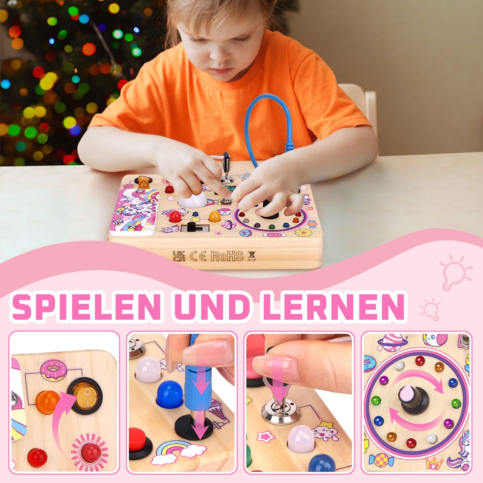 Unicorn Busy Board Montessori Spielzeug ab 1 jahr Activity Board Holzspielzeug Mit 10 Schaltern und 23 LED Lichtern Sensorik Spielzeug Motorikspielzeug für Babys und Kinder ab 1 2 3 4 Jahre Mädchen